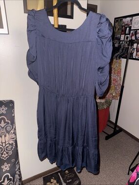 Sugarlips Navy Blue Puff Sleeve Tiered Dress
